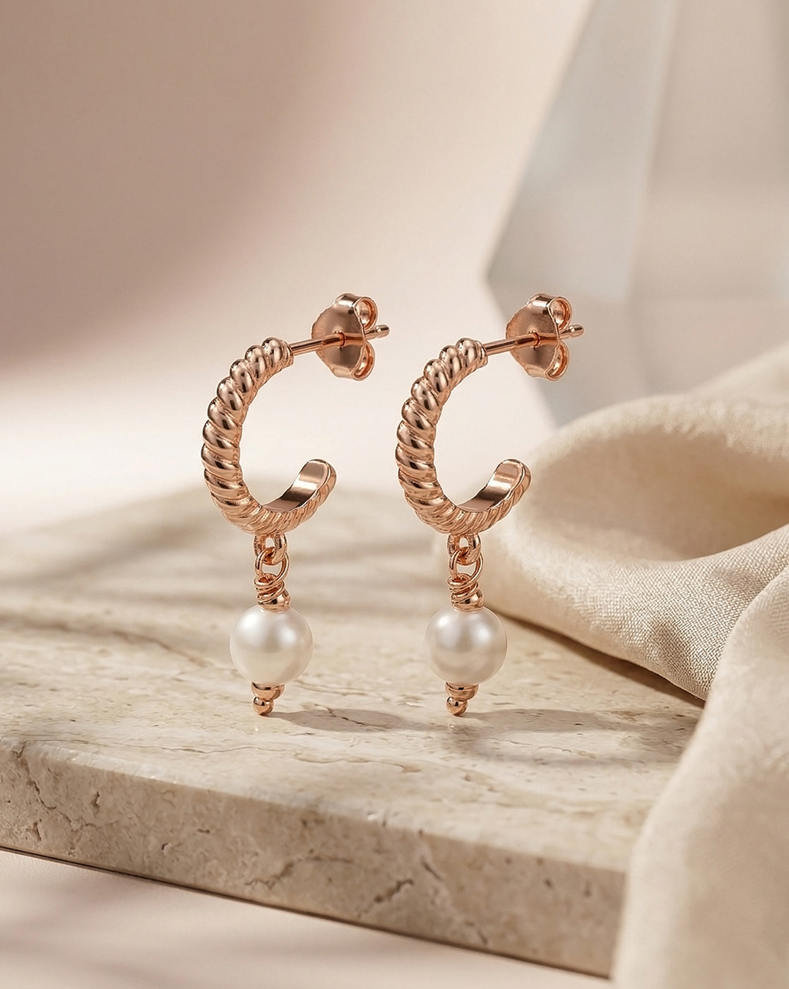 18kt Rose Gold Plated Dangling Pearl Geometric Half Hoop Earring