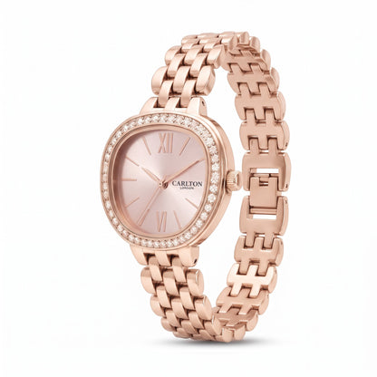Carlton London Maisie Women’s Watch - Pink Rectangle Dial, Rose Gold Stainless Steel Strap - MSRGPNK