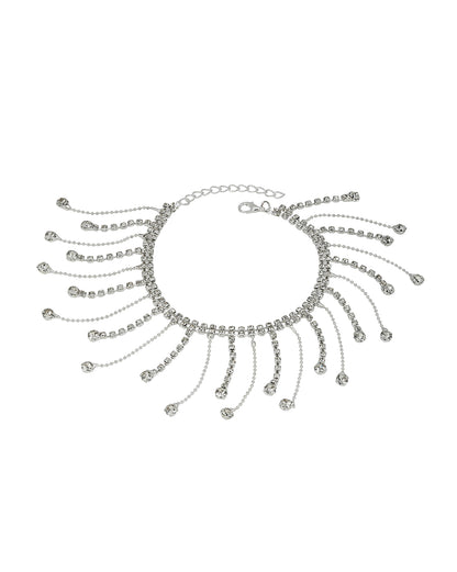 Silver Plated Rhinestone Tassel Fringe Anklet