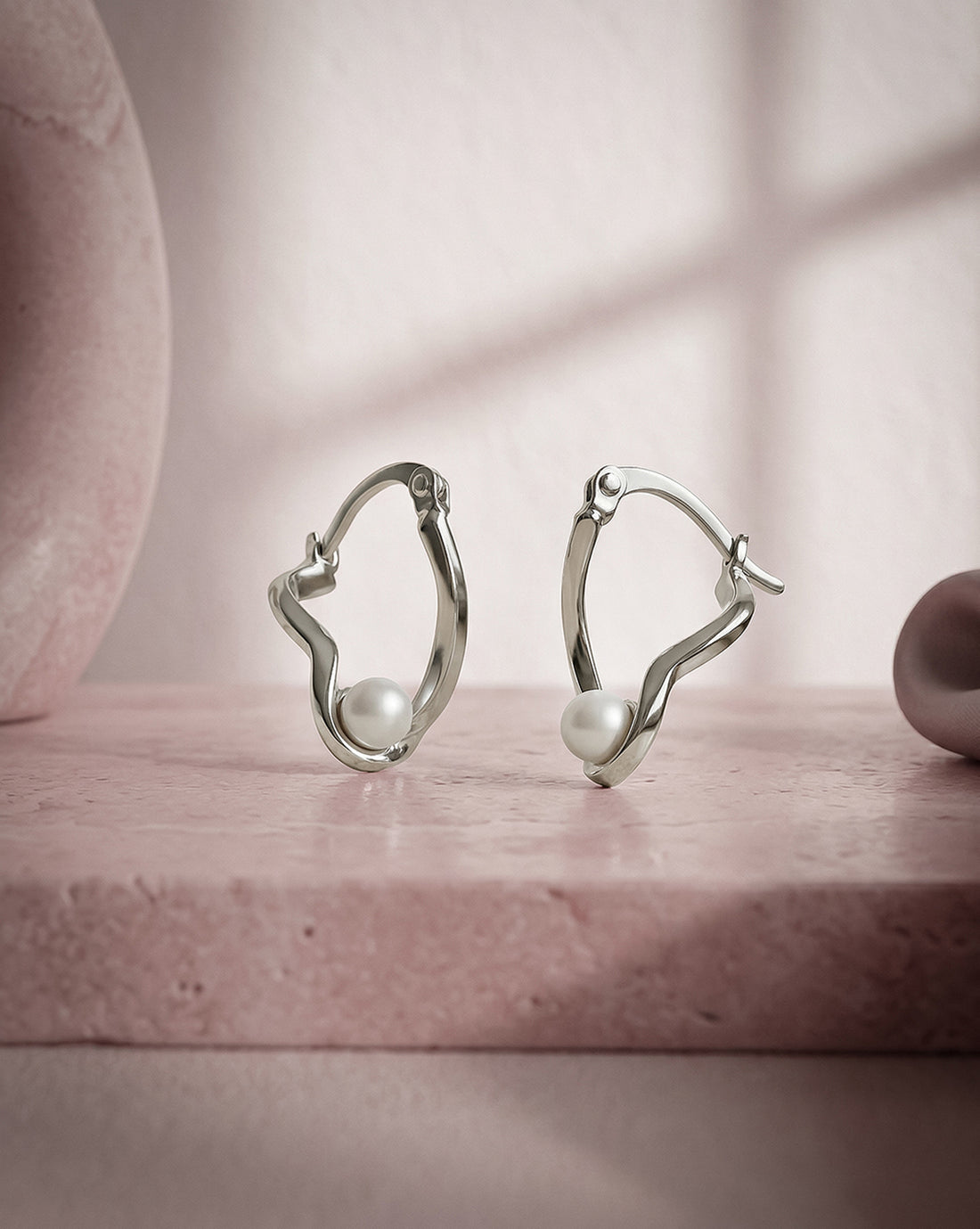 Rhodium Plated Pearl Contemporary Hoop Earring
