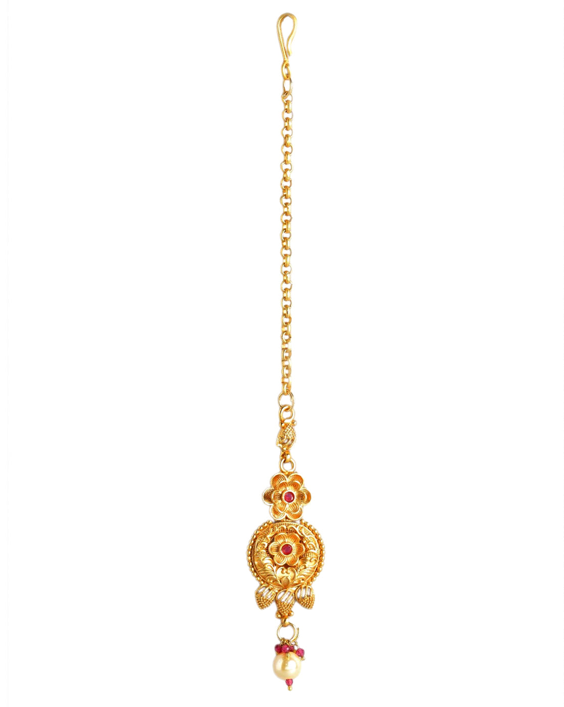 Gold Plated Traditional Ruby Red Floral Necklace and Earring with Maang Tika Set