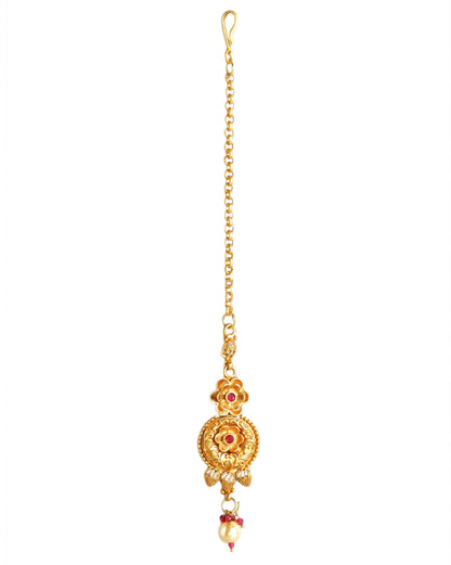 Gold Plated Traditional Ruby Red Floral Necklace and Earring with Maang Tika Set