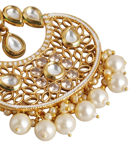 Gold Plated Polki Kundan Studded Chandbali with Pearl Drop Earring