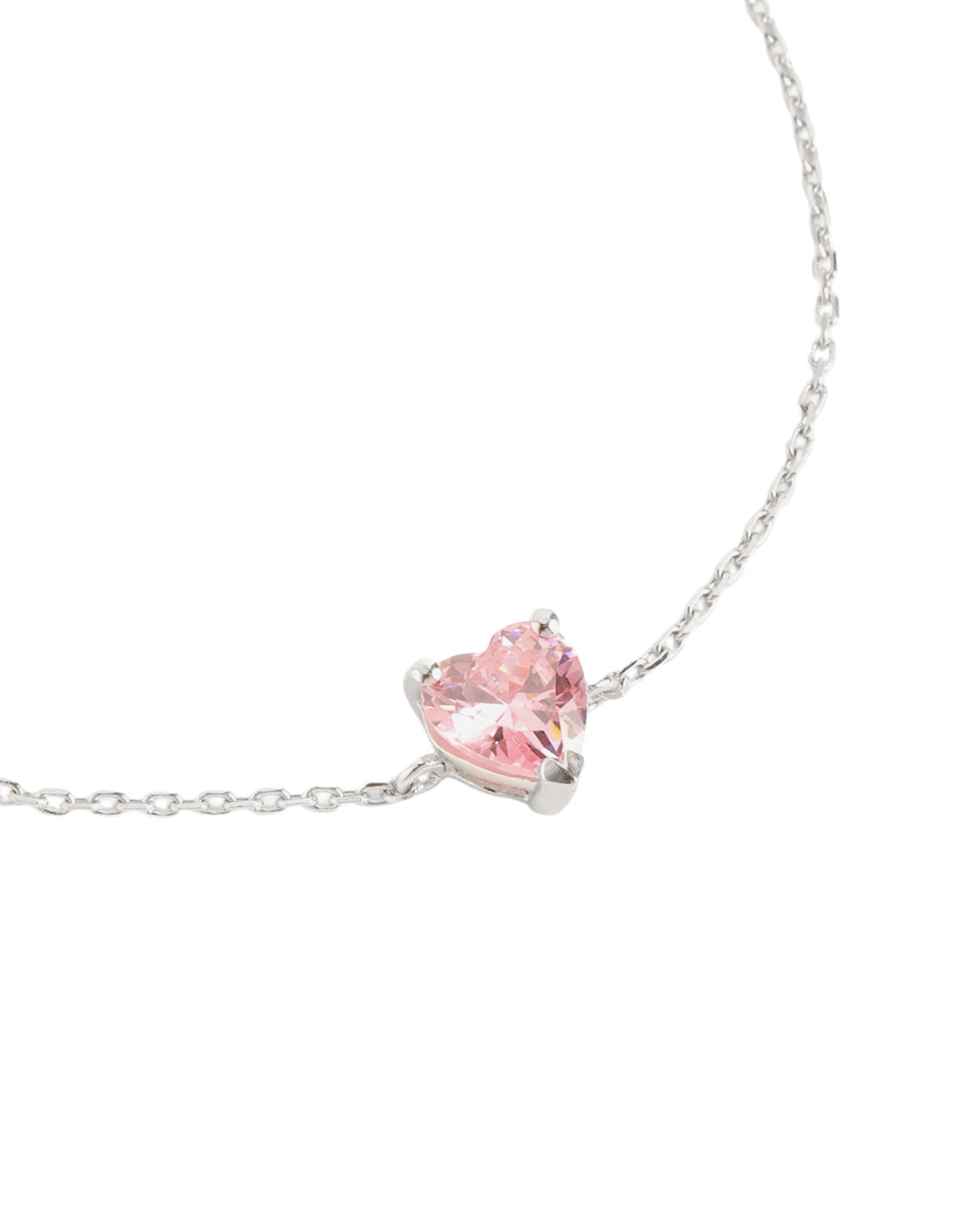 Rhodium Plated Petite Pink CZ Solitaire Heart Adjustable Chain Bracelet