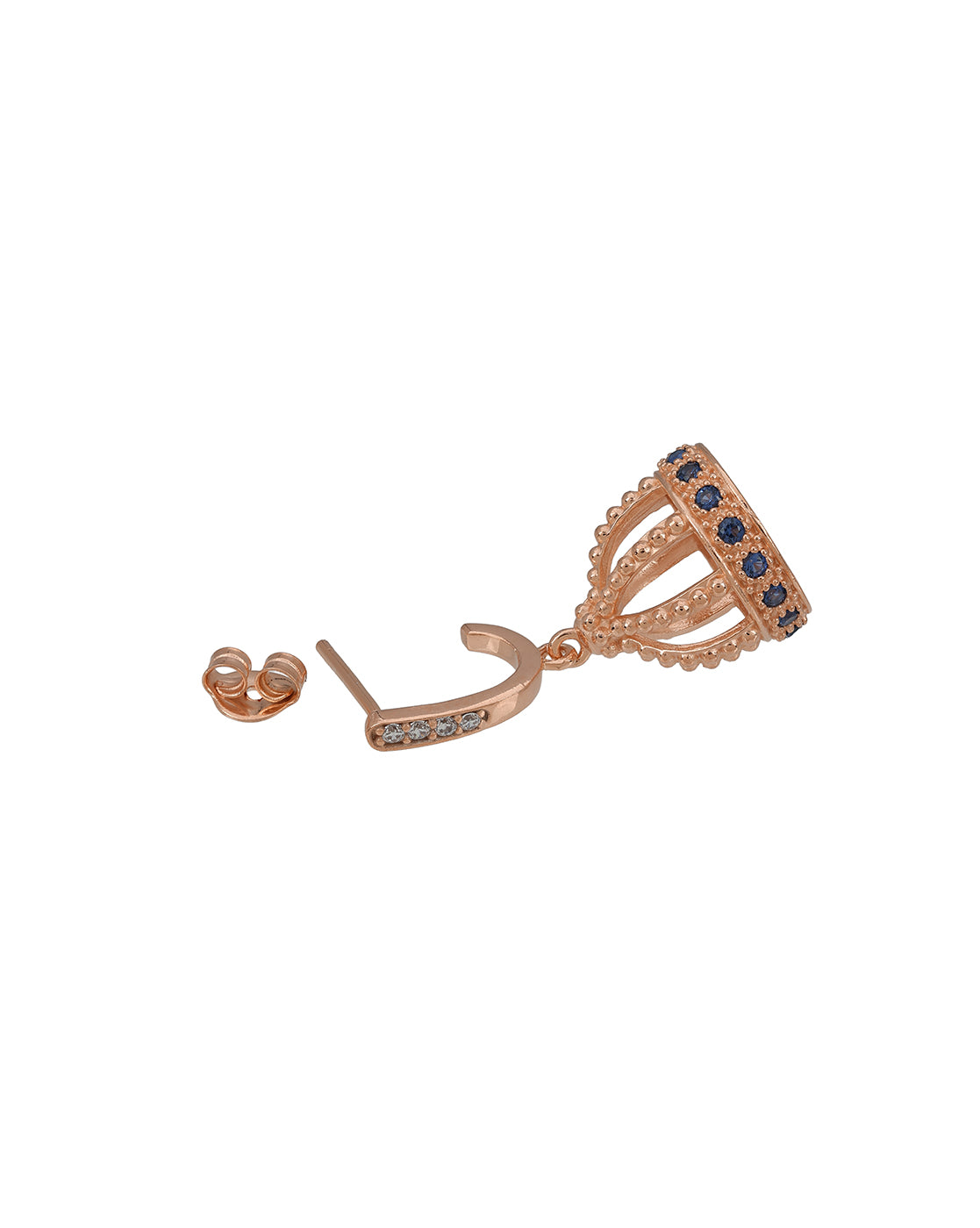 Premium 18kt Rose Gold Plated Delicate CZ &amp; Sapphire Blue Studded J-Hoop Jhumki Earring