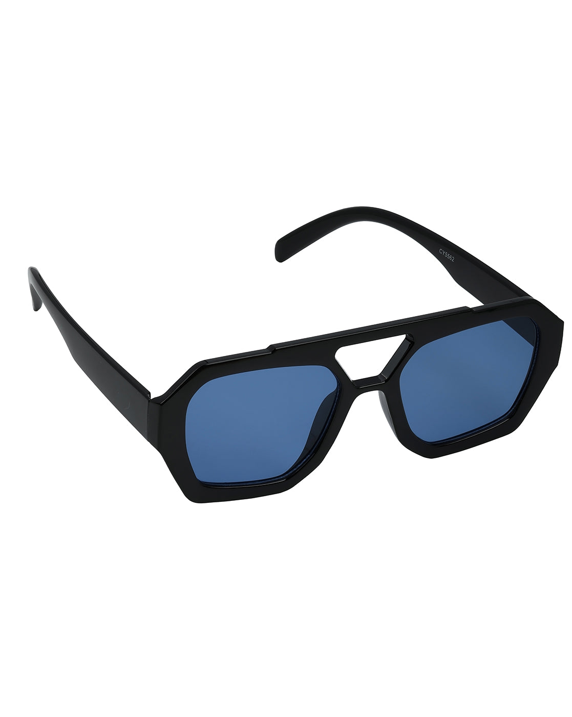 Unisex Black Toned UV Protected Blue Lens Hexagonal Sunglasses