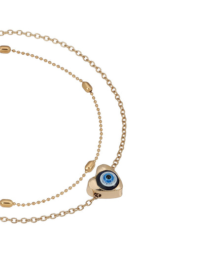 Set of 2 Rose Gold Plated Puff Heart Evil Eye Enamel Layered Anklet