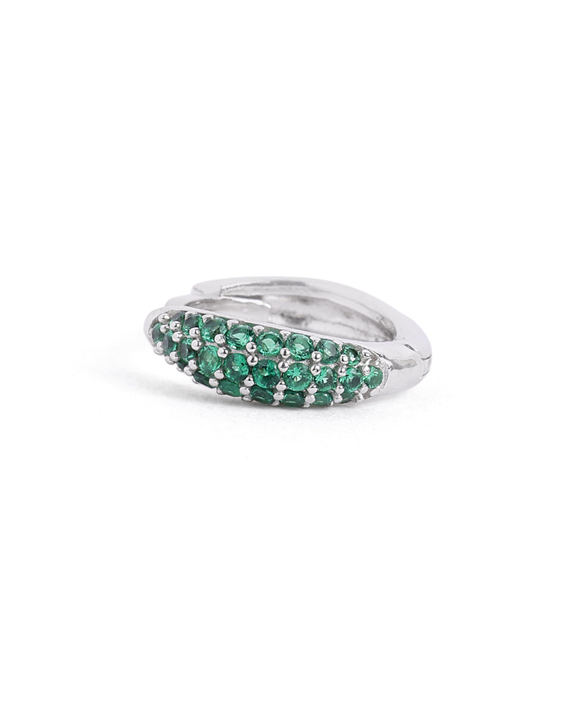 Rhodium Plated Emerald CZ Studded Huggie Hoop Earring