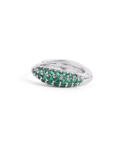 Rhodium Plated Emerald CZ Studded Huggie Hoop Earring