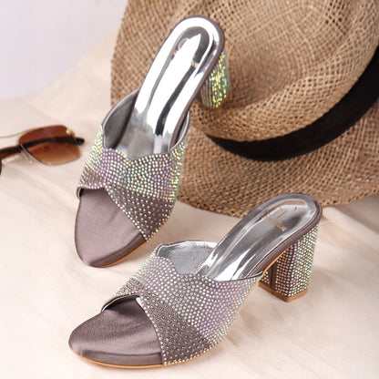 Women Lridescent Gem Embellished Block Heel Sandals