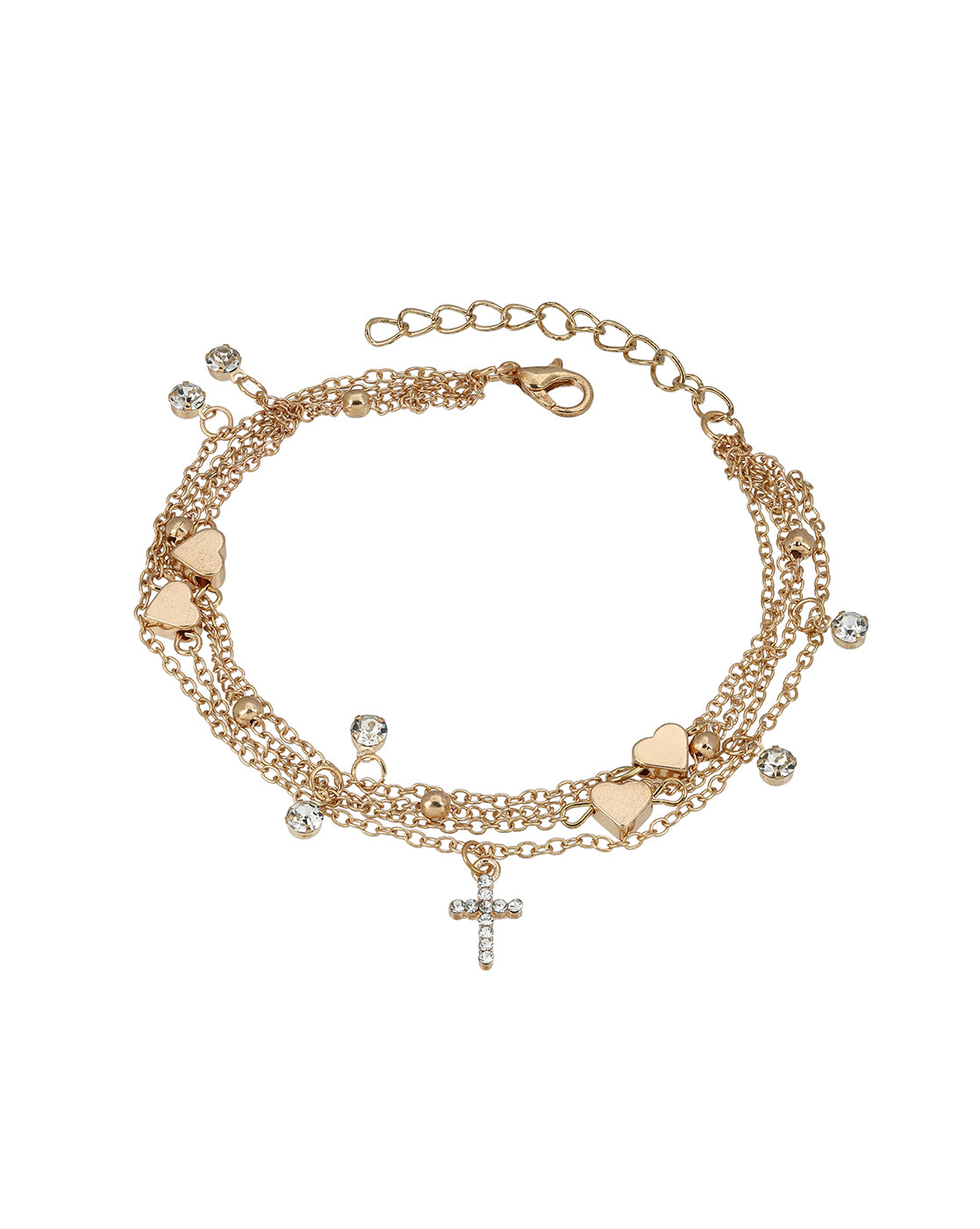 Set of 4 Rose Gold Plated Heart, Solitaire &amp; CZ studded Cross Layered Anklet