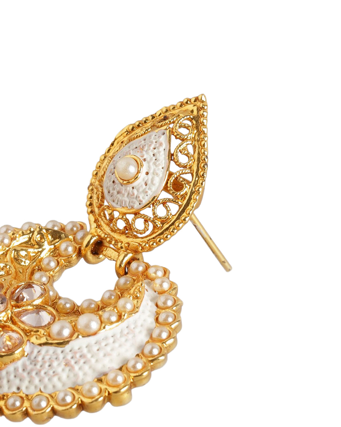 Gold Plated Kundan Teardrop &amp; Filigree Dangler Jhumka Earrings with Pearl Drop