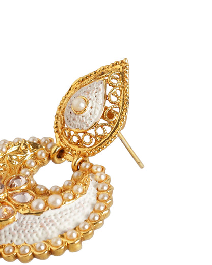 Gold Plated Kundan Teardrop &amp; Filigree Dangler Jhumka Earrings with Pearl Drop