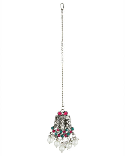 Silver Plated Oxidised Traditional Red Green Stone Jewellery Set with Maang Tika