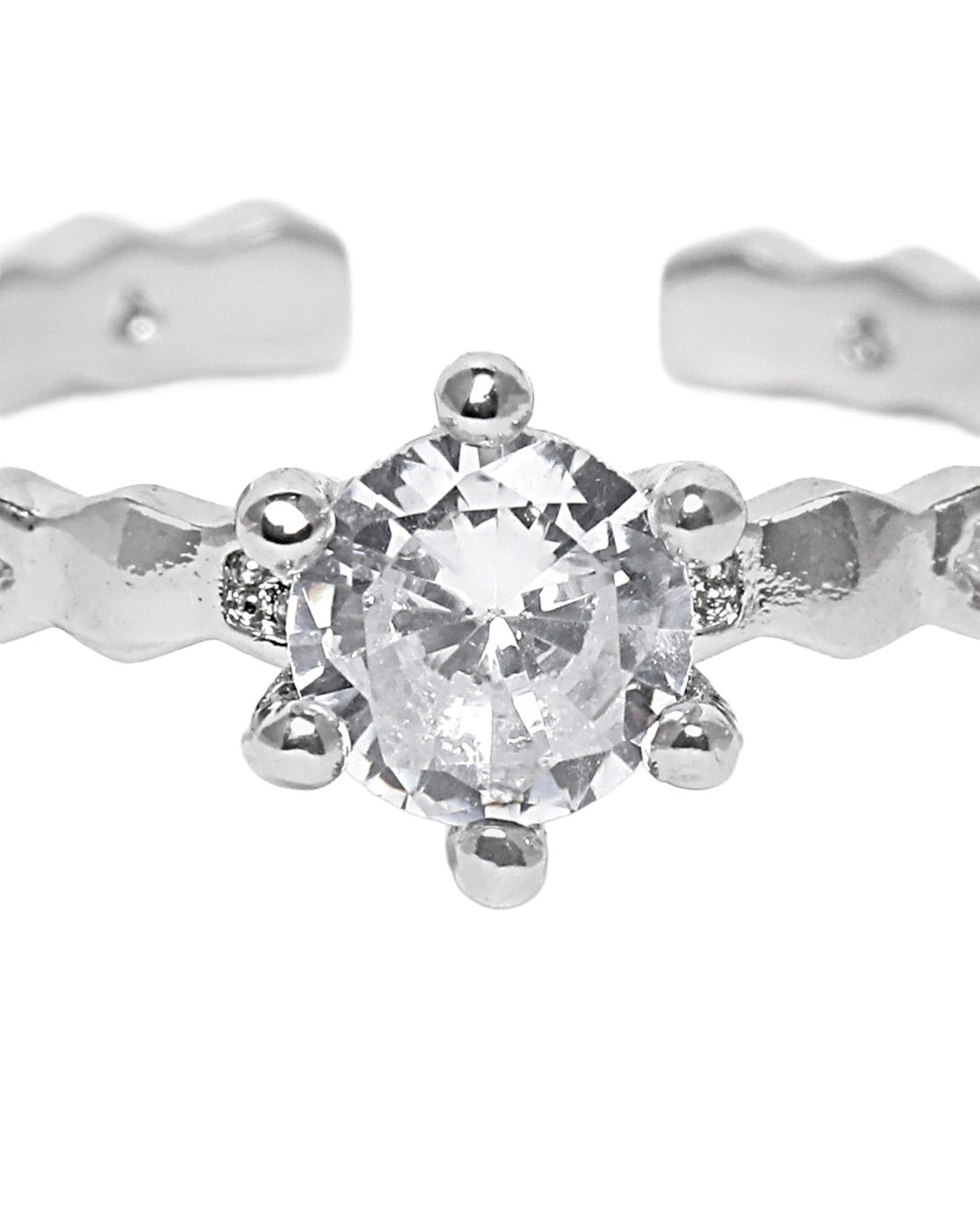 Silver Plated Stylish Round Solitaire &amp; CZ Studded Adjustable Ring