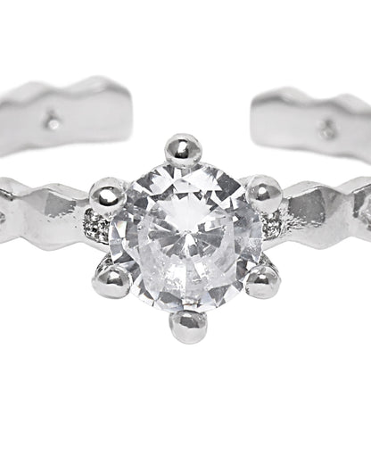 Silver Plated Stylish Round Solitaire &amp; CZ Studded Adjustable Ring