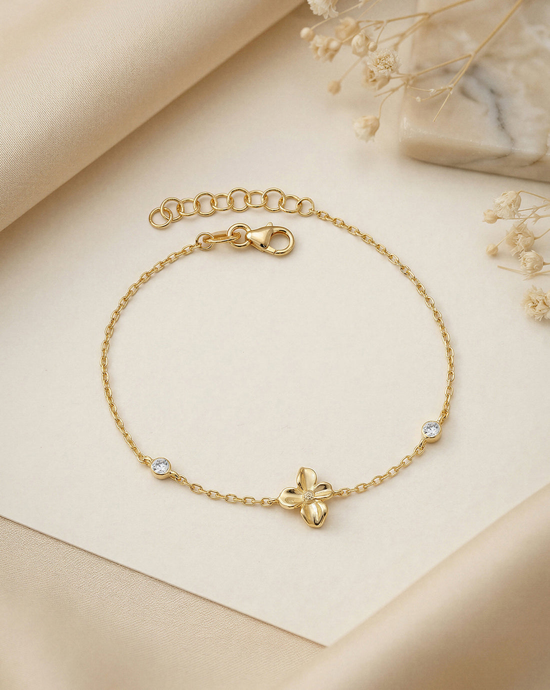 18kt Gold Plated CZ Floral Charm Adjustable Bracelet