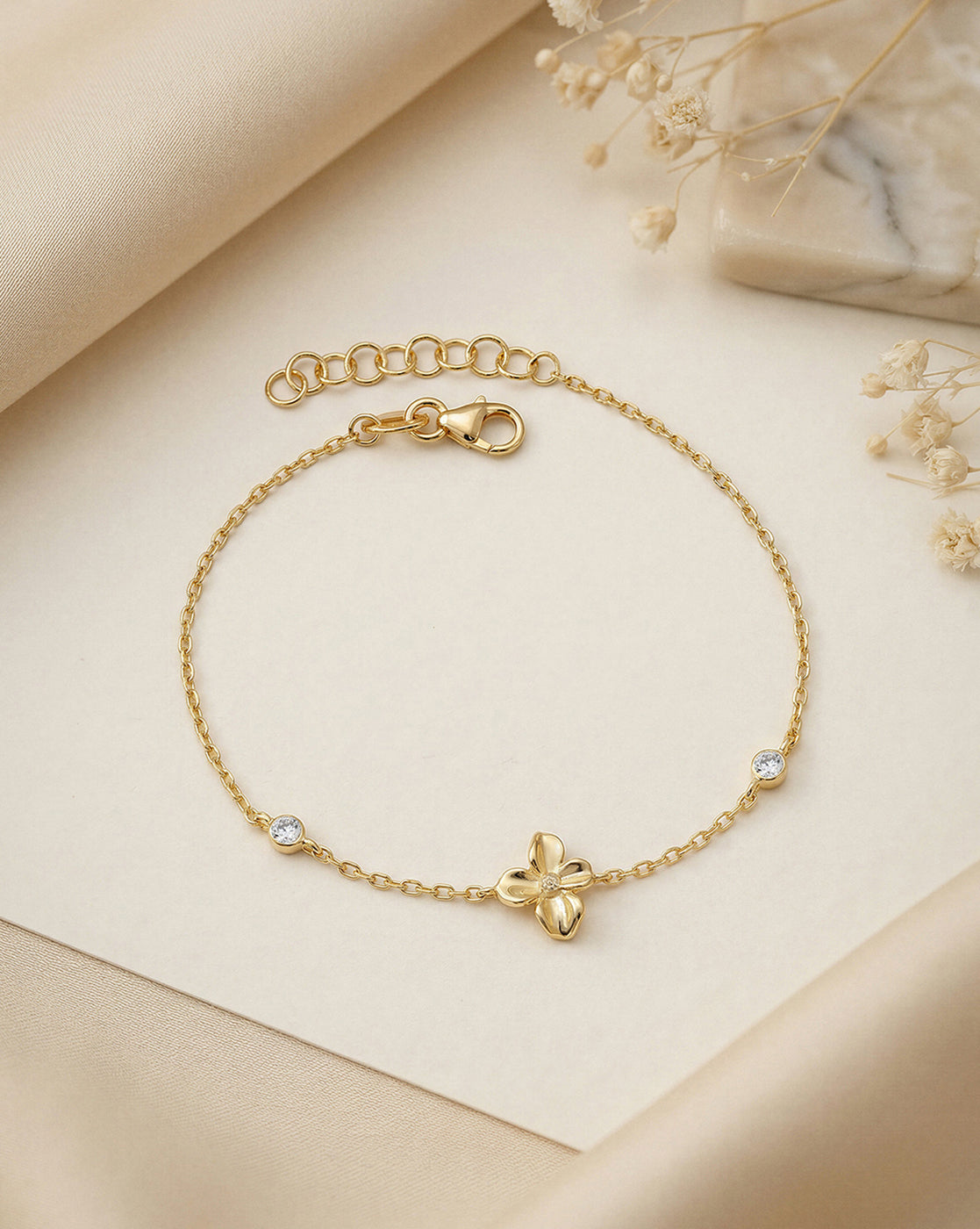 18kt Gold Plated CZ Floral Charm Adjustable Bracelet