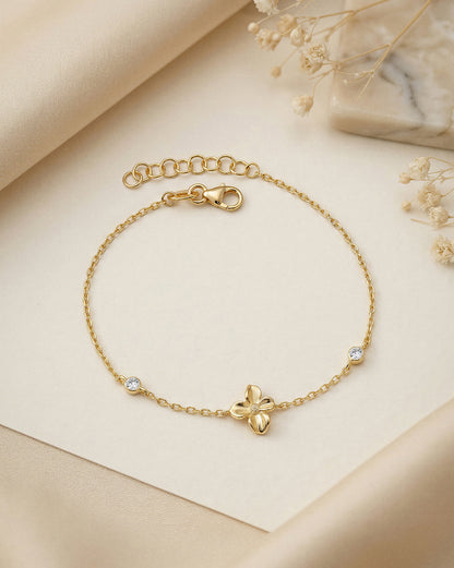 18kt Gold Plated CZ Floral Charm Adjustable Bracelet