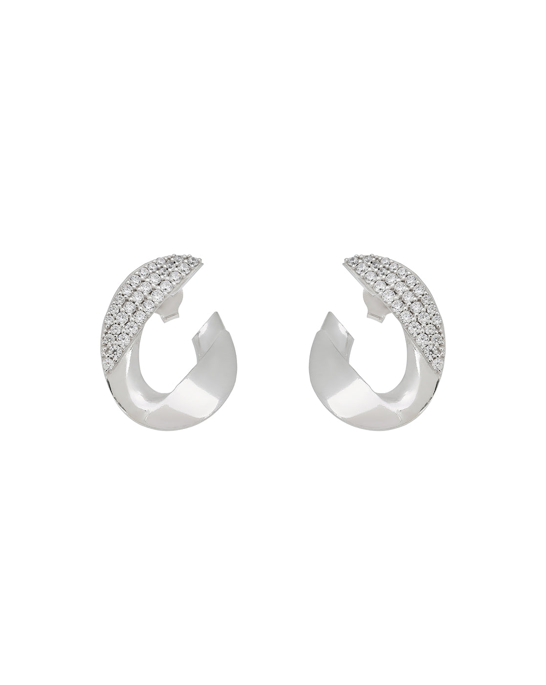 Rhodium-Plated CZ-Studded Chunky Half Hoop Earrings
