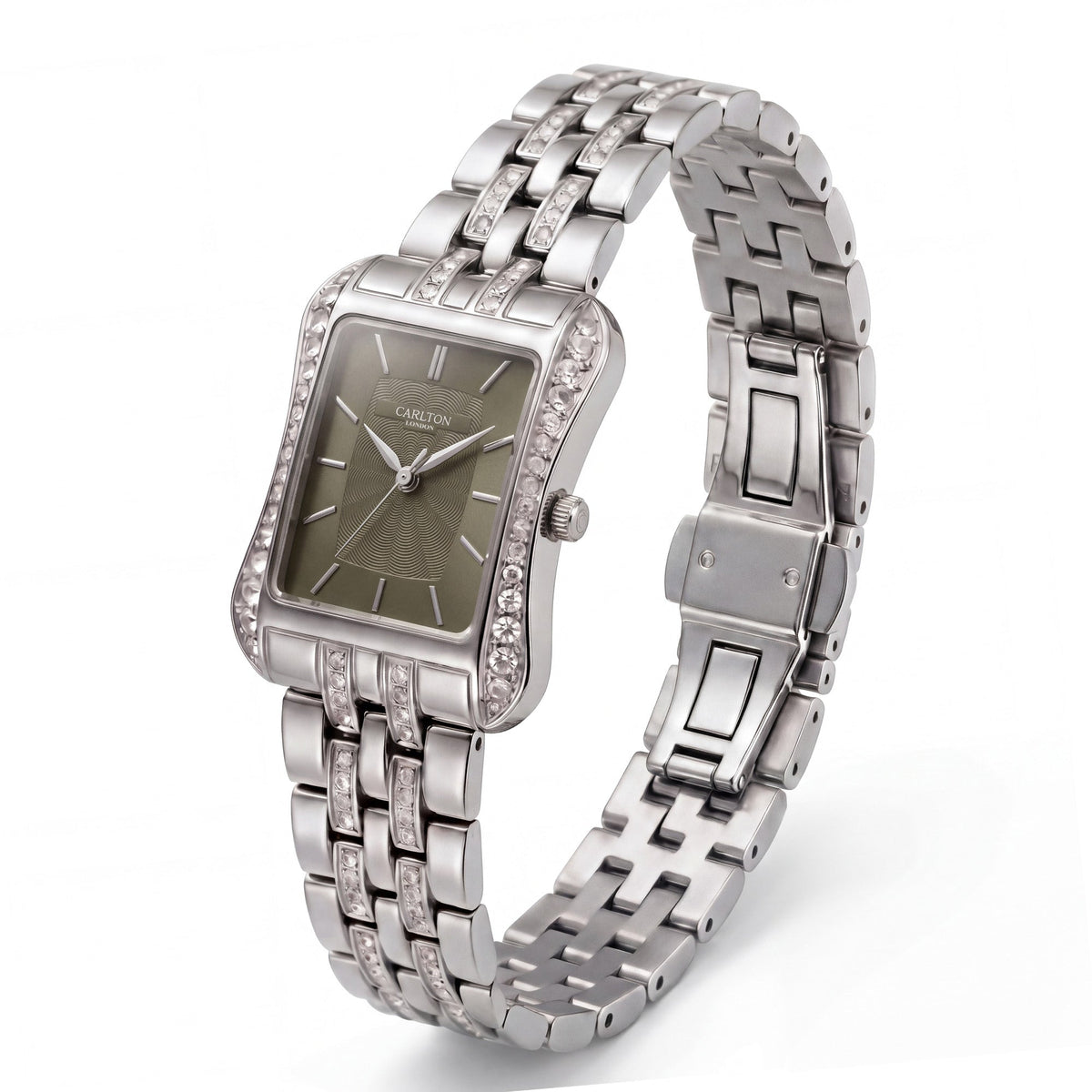 Carlton London Vivienne Women’s Watch - Olive Green Rectangle Dial, Silver Stainless Steel Strap - CLVVSGRN