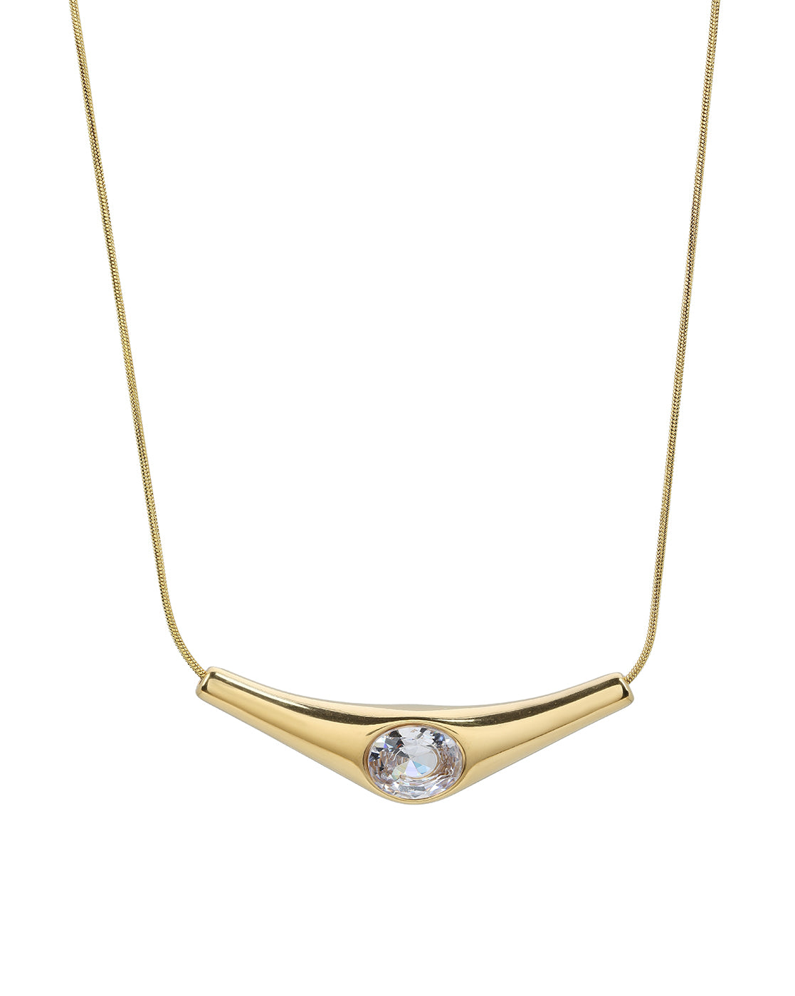 Gold Plated Curved Solitaire Studded Bar Pendant and Snake Chain