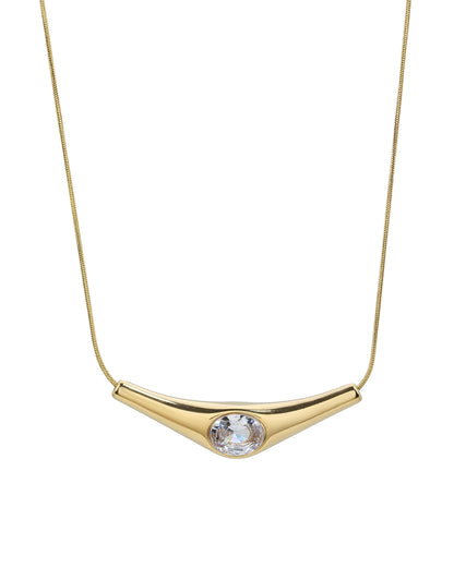 Gold Plated Curved Solitaire Studded Bar Pendant and Snake Chain