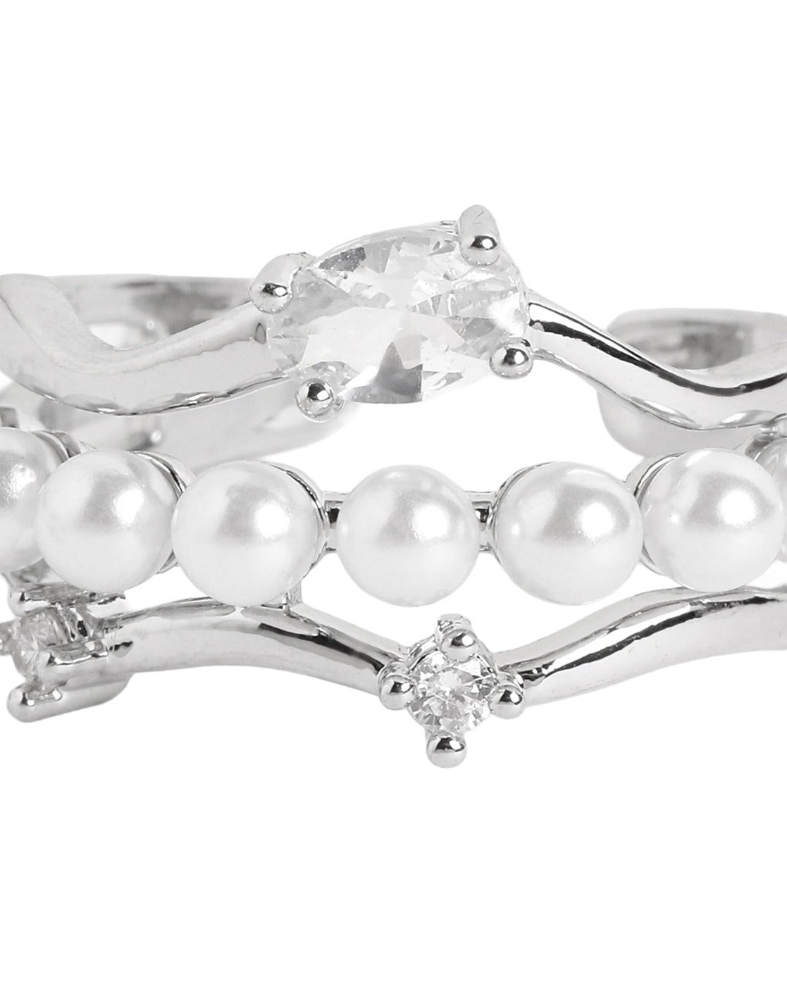 Silver-Plated Contemporary Pearl and CZ Adjustable Ring