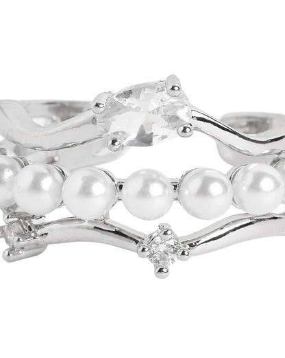 Silver-Plated Contemporary Pearl and CZ Adjustable Ring