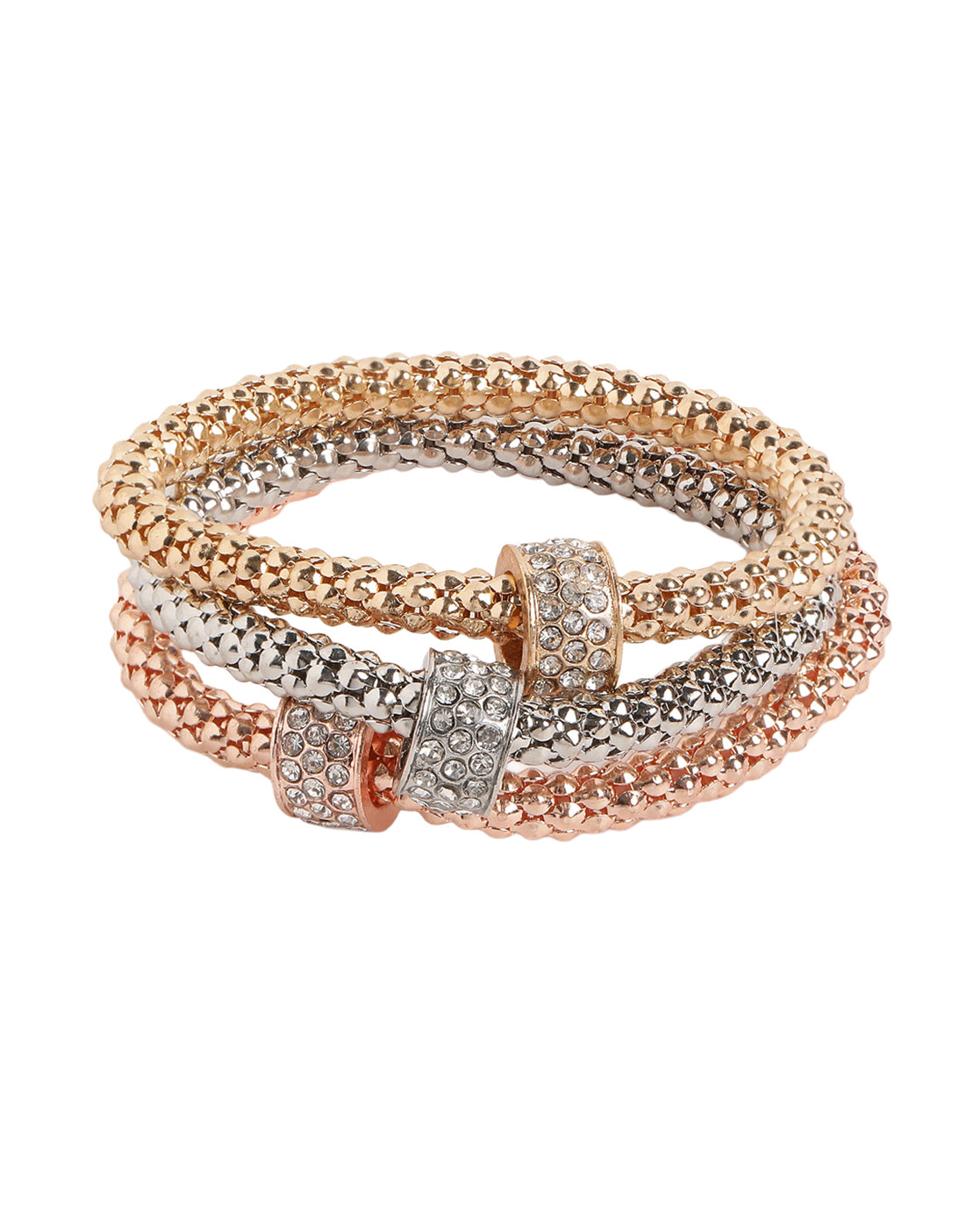 Set of 3 Tri-Color CZ Studded Charm with Popcorn Chain Stretchable Bracelets