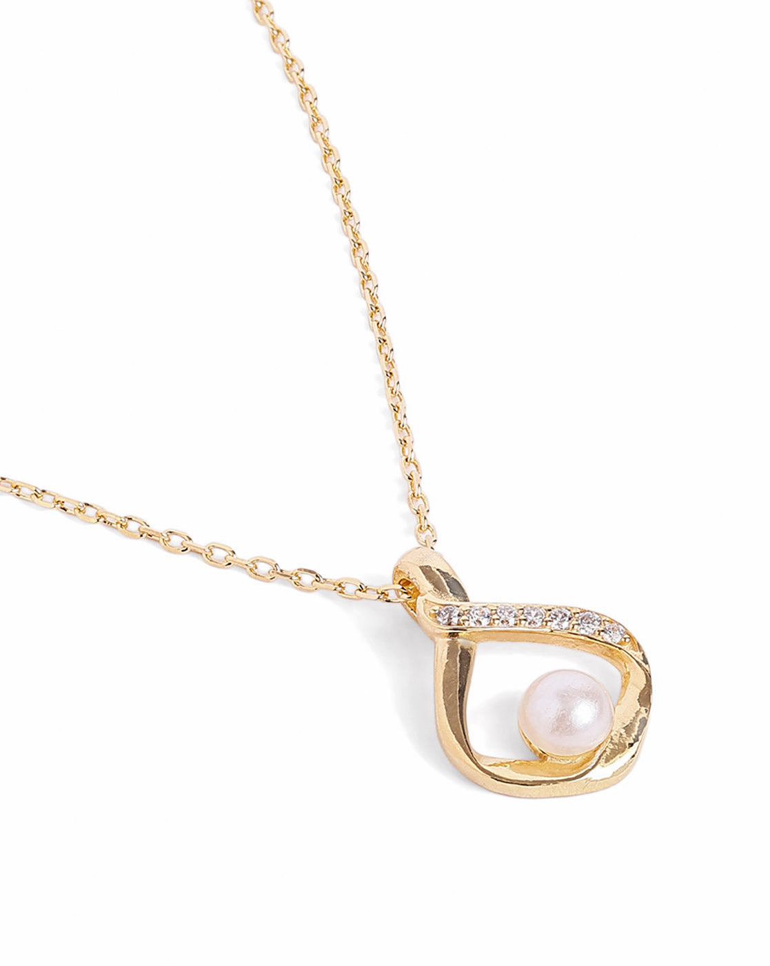 18kt Gold Plated CZ and Pearl Swirl Teardrop Pendant and Chain Necklace