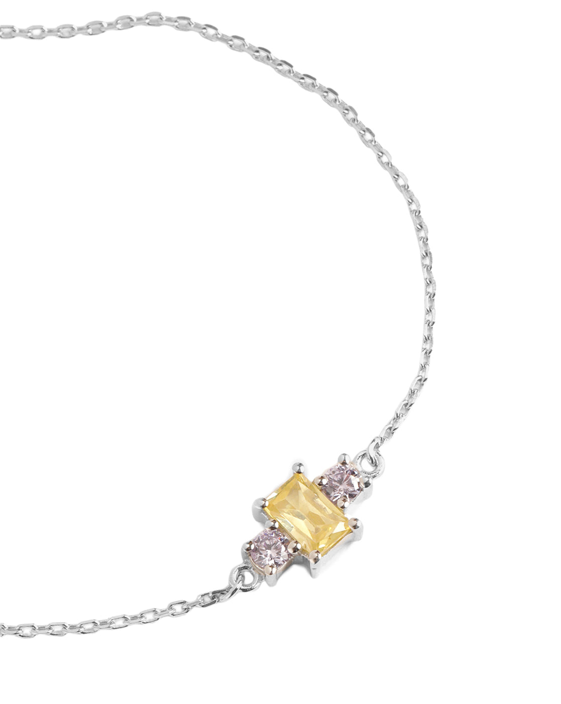 Rhodium Plated with Citrine-Yellow Baguette CZ and Lavender Round CZ Minimalistic Charm Adjustable Bracelet