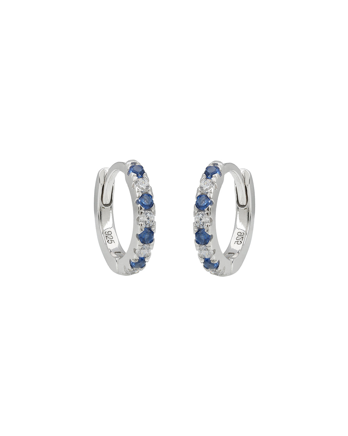 925 Sterling Silver Rhodium Plated Blue Saphire CZ Studded Mini Hoop Earring
