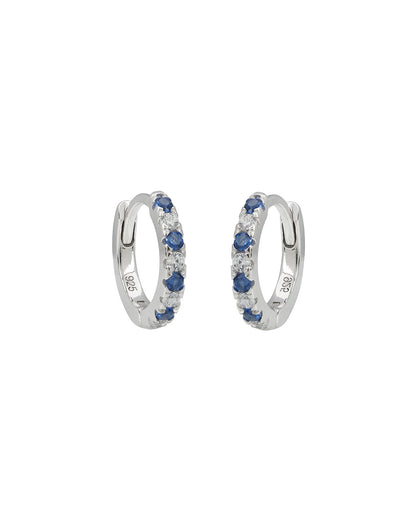 925 Sterling Silver Rhodium Plated Blue Saphire CZ Studded Mini Hoop Earring