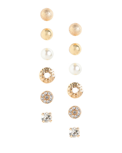 Multipack Set of 12 Gold Plated CZ Studded, Textured, Pearl &amp; Triangular Stud Earrings