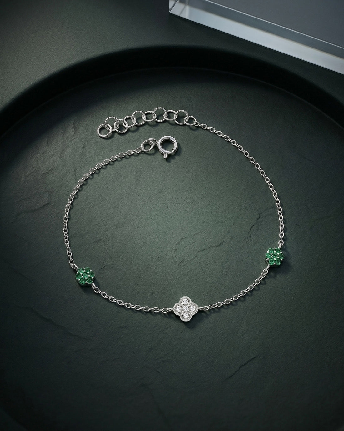 Rhodium Plated Green CZ Van Cleef Charm Adjustable Bracelet
