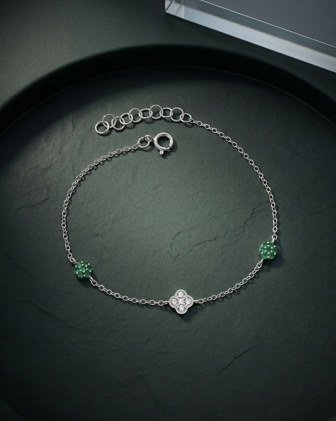 Rhodium Plated Green CZ Van Cleef Charm Adjustable Bracelet