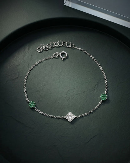 Rhodium Plated Green CZ Van Cleef Charm Adjustable Bracelet