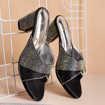 Women Lridescent Gem Embellished Block Heel Sandals