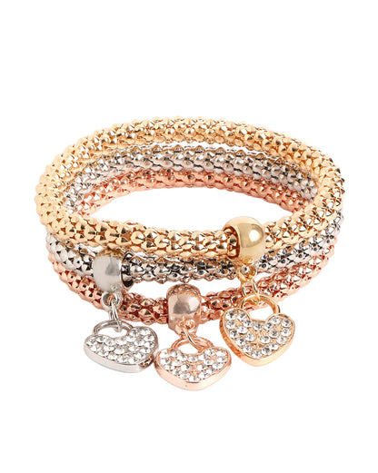 Tri-Tone Multi-Strand CZ Studded Heart Charm with Popcorn Chain Stretchable Bracelets