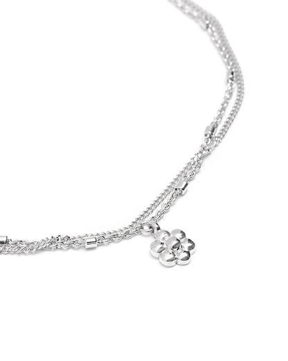 925 Sterling Silver Rhodium Plated Double Layered Floral Charm Bracelet