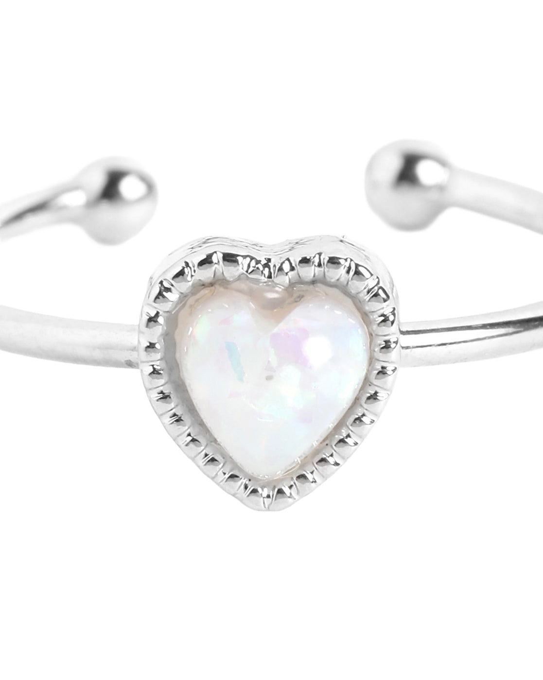 Silver Plated Classic Milky White Stone Adjustable Heart Ring