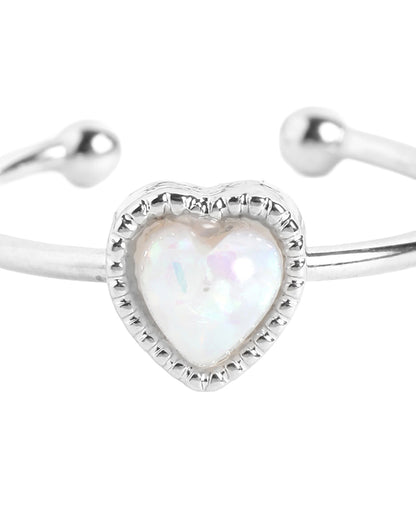 Silver Plated Classic Milky White Stone Adjustable Heart Ring