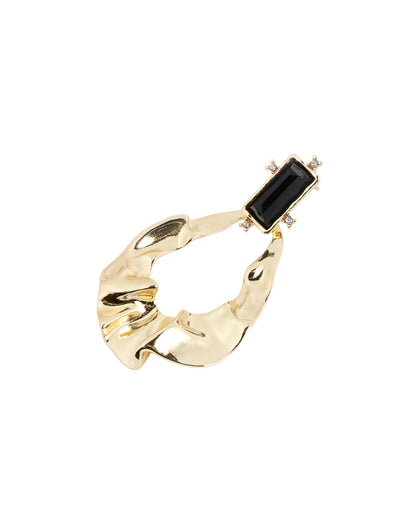 Gold Plated Statement Black Solitaire Stone Hammered Textured Drop Earrings