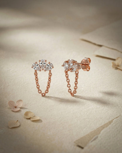 18kt Rose Gold Plated CZ Stud and Chain Earring