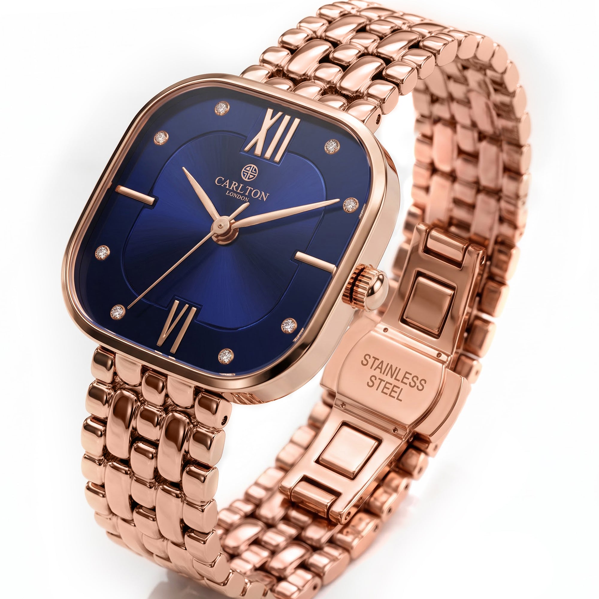 Carlton London Chelsea Women’s Watch – Blue Square Dial, Rose Gold Stainless Steel Strap – CLSSCBLU