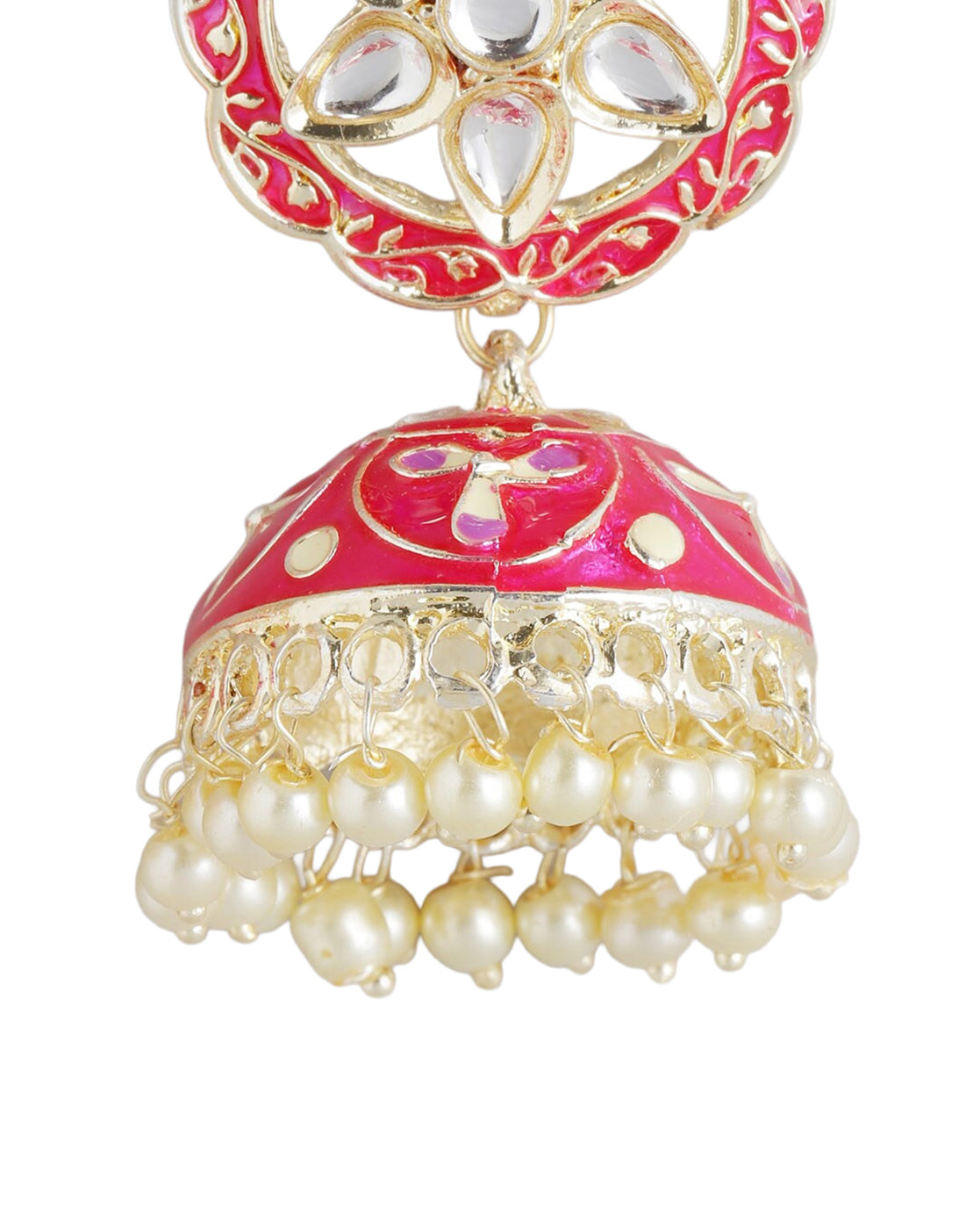 Gold Plated Kundan and Red Meenakari Jhumka Earrings with Pearl Drops