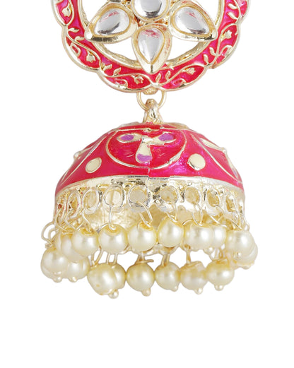Gold Plated Kundan and Red Meenakari Jhumka Earrings with Pearl Drops