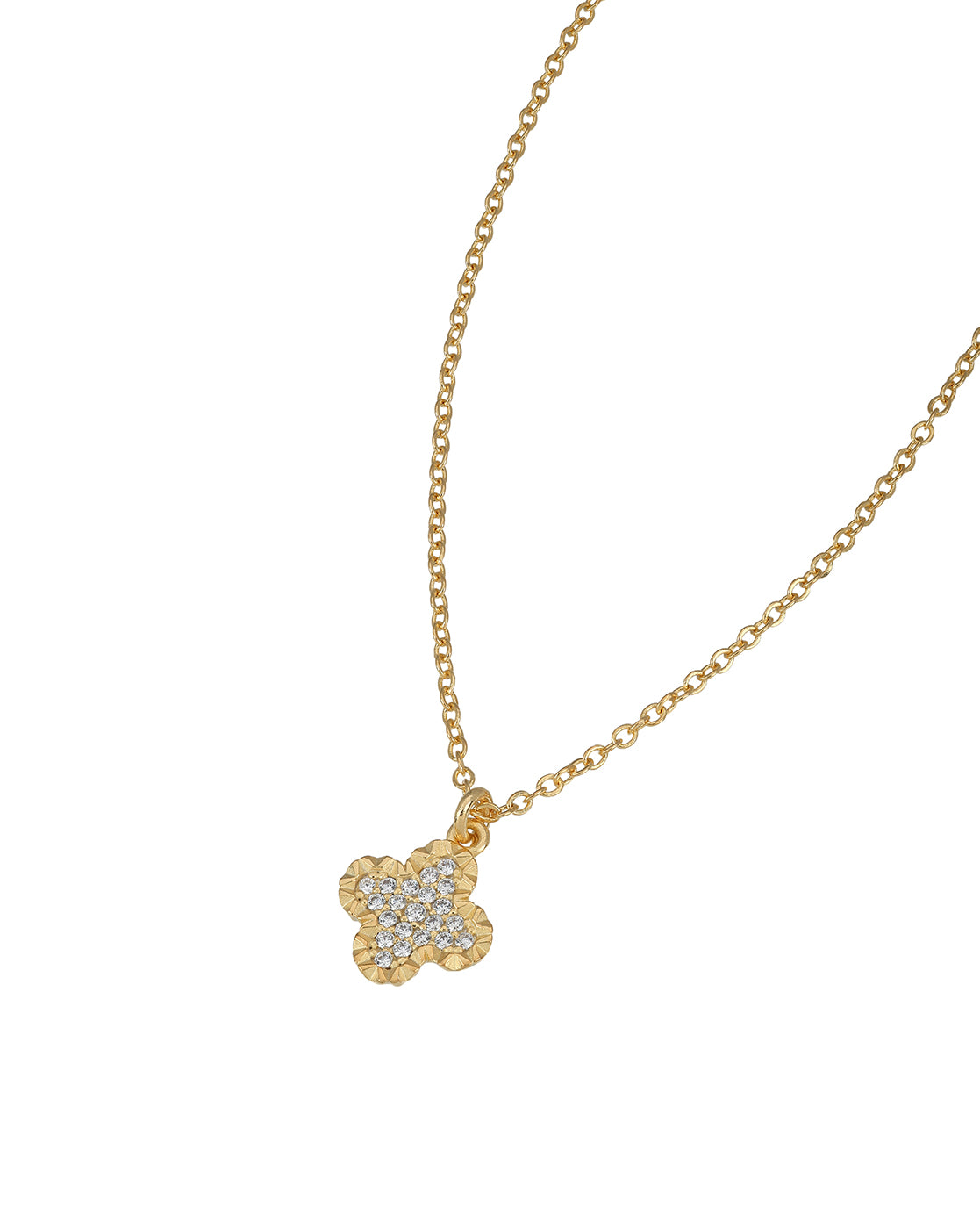 18kt Gold Plated Four-Clover CZ Studded Pendant and Chain