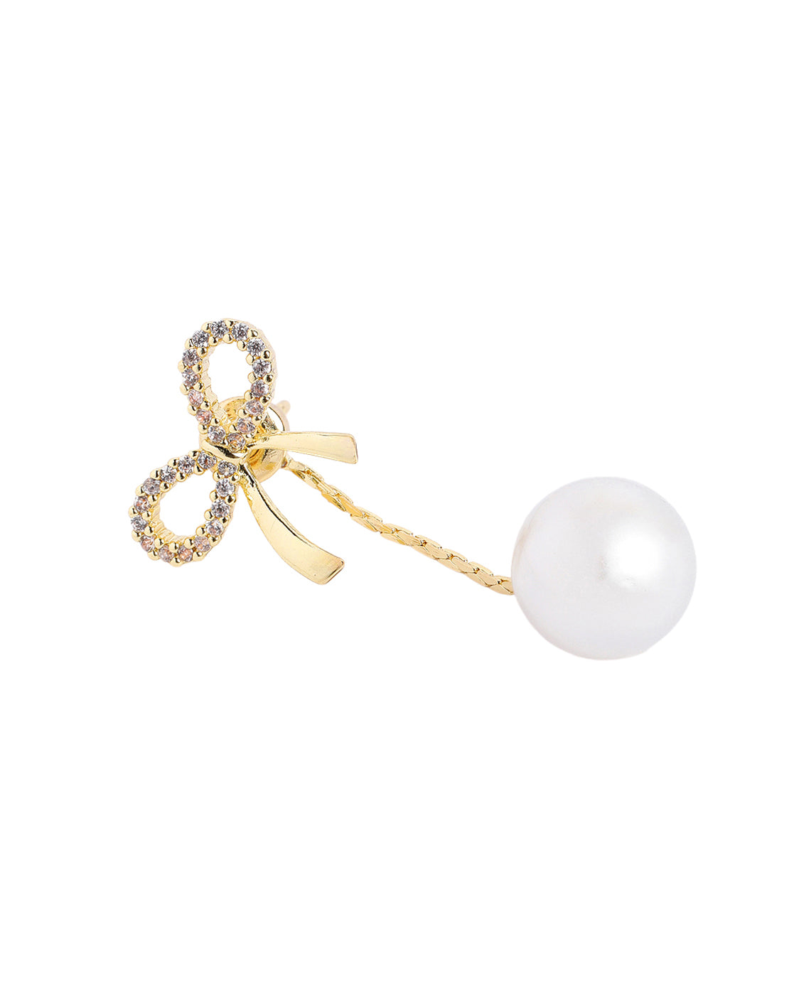 Gold Plated CZ Studded BOW with Pearl Front- Back Jacket Earring